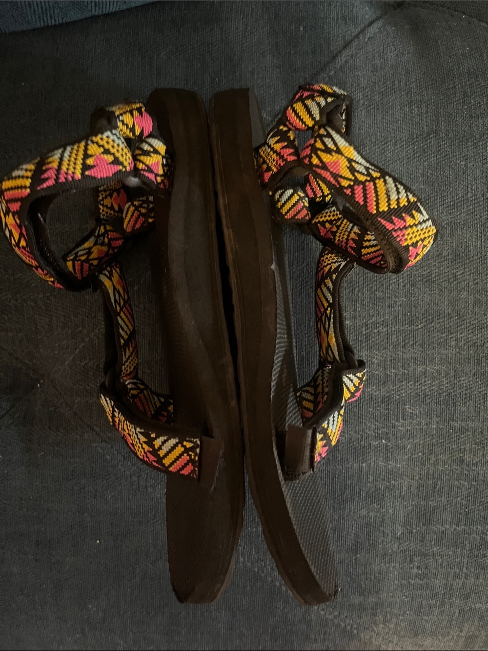 Teva Women's Black Sandals with Pink & Yellow Patterned Straps - Picture 2 of 4